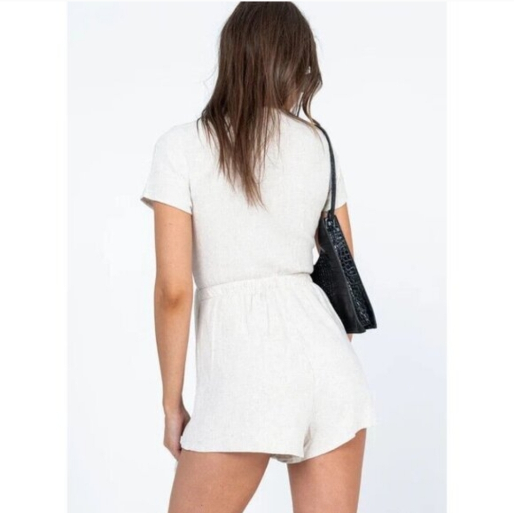 Princess Polly Ragnar Tie-Front Romper 10 Beige Linen Blend Short Sleeve Women's - Picture 2 of 15